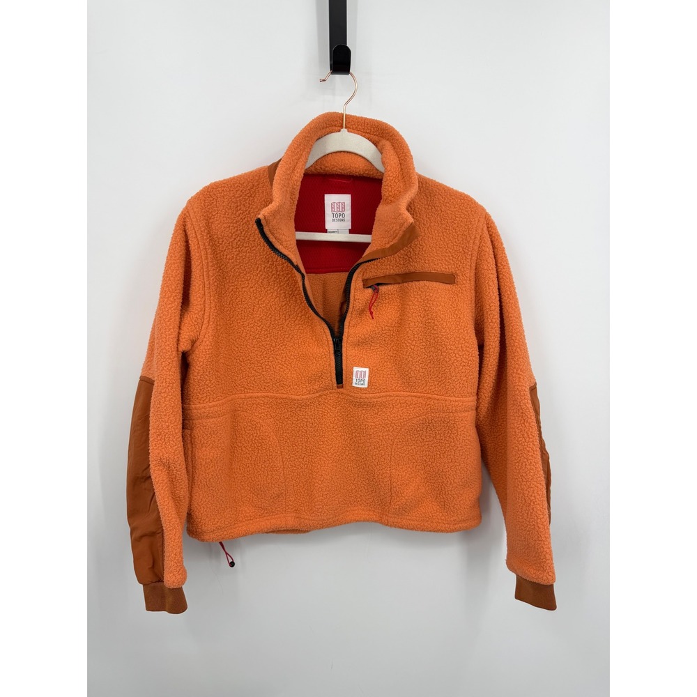 Topo Designs mountain Fleece Pullover M Medium Orange Sherpa Quarter Zip Cropped